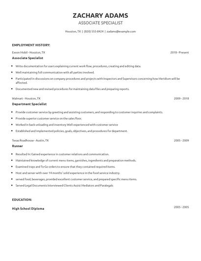Associate Specialist Resume