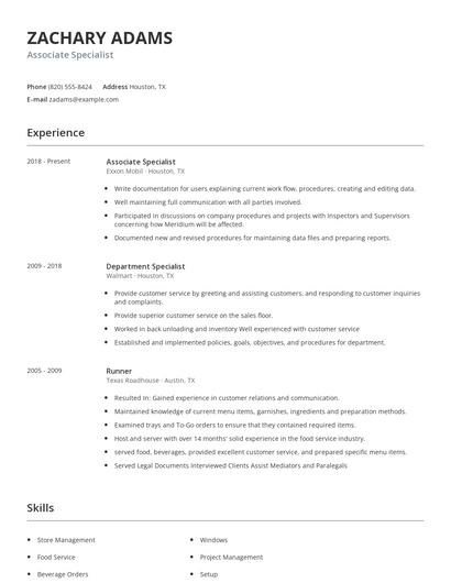 Associate Specialist Resume