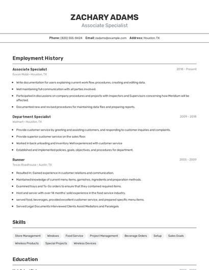 Associate Specialist Resume