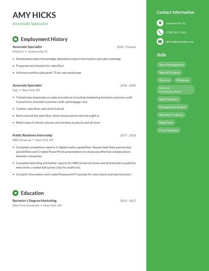 Associate Specialist Resume