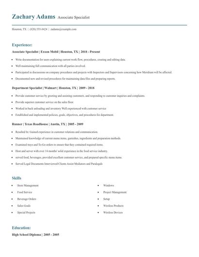 Associate Specialist Resume