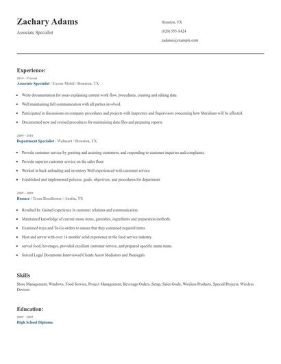 Associate Specialist Resume