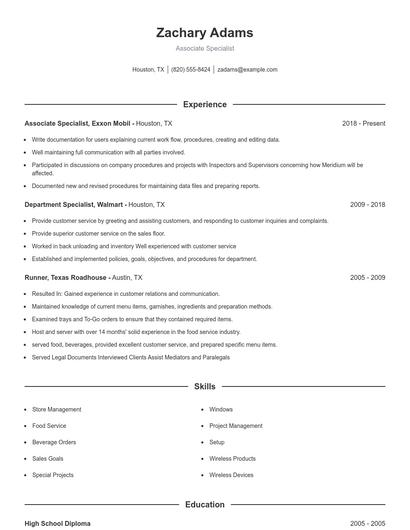 Associate Specialist Resume