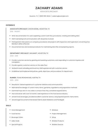 Associate Specialist Resume