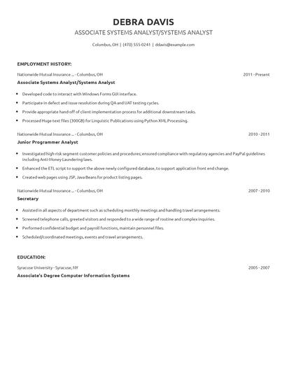 Associate Systems Analyst/Systems Analyst Resume