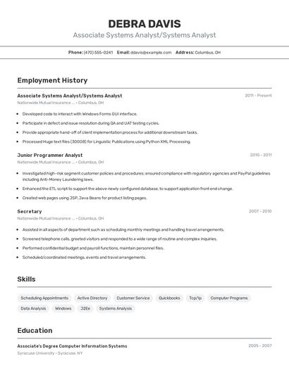 Associate Systems Analyst/Systems Analyst Resume