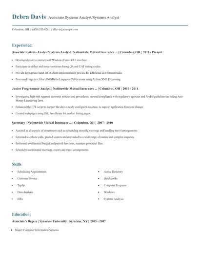 Associate Systems Analyst/Systems Analyst Resume