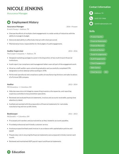 Assurance Manager Resume