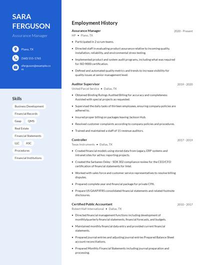 Assurance Manager Resume