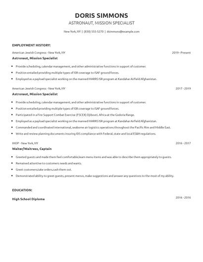 Astronaut, Mission Specialist Resume