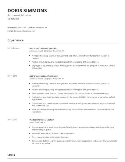 Astronaut, Mission Specialist Resume
