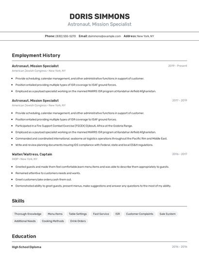 Astronaut, Mission Specialist Resume