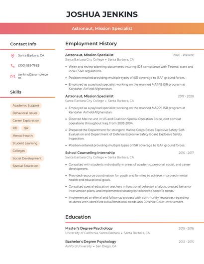 Astronaut, Mission Specialist Resume