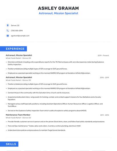 Astronaut, Mission Specialist Resume