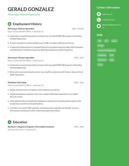 Astronaut, Mission Specialist Resume