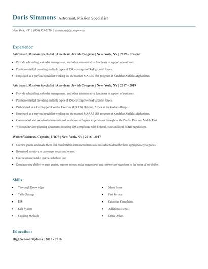 Astronaut, Mission Specialist Resume