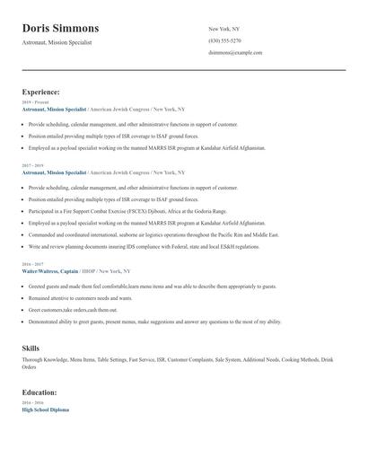 Astronaut, Mission Specialist Resume