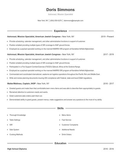 Astronaut, Mission Specialist Resume
