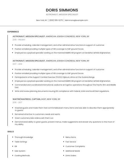 Astronaut, Mission Specialist Resume