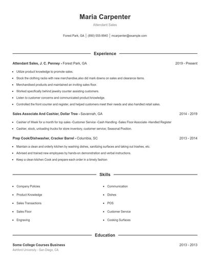 Attendant Sales Resume