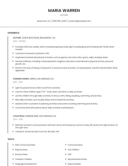 AU Pair Resume