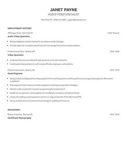 Audio Video Specialist Resume