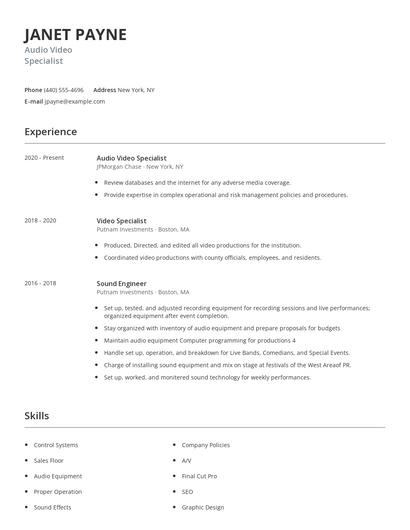 Audio Video Specialist Resume