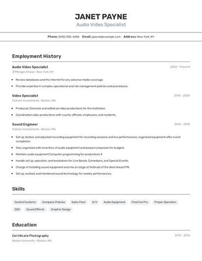 Audio Video Specialist Resume