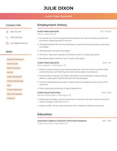 Audio Video Specialist Resume