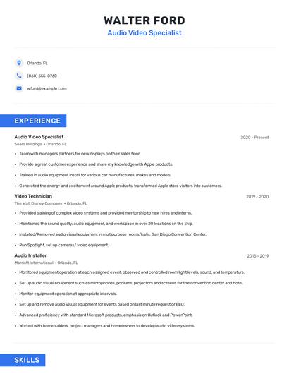 Audio Video Specialist Resume