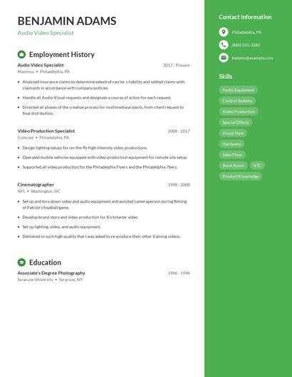 Audio Video Specialist Resume