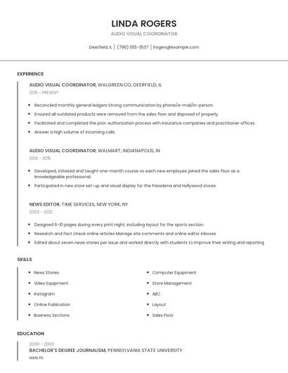 Audio Visual Coordinator Resume