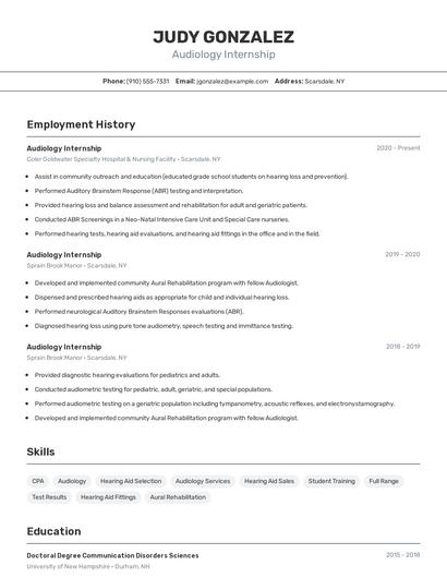 Audiology Internship Resume