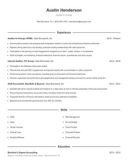 Auditor-In-Charge Resume