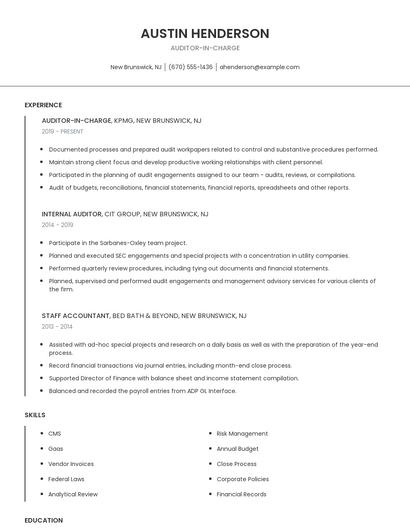Auditor-In-Charge Resume