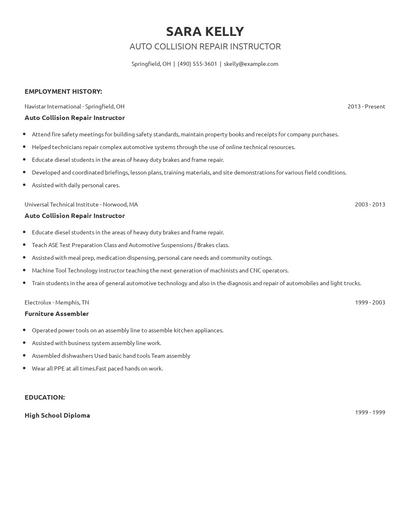 Auto Collision Repair Instructor Resume