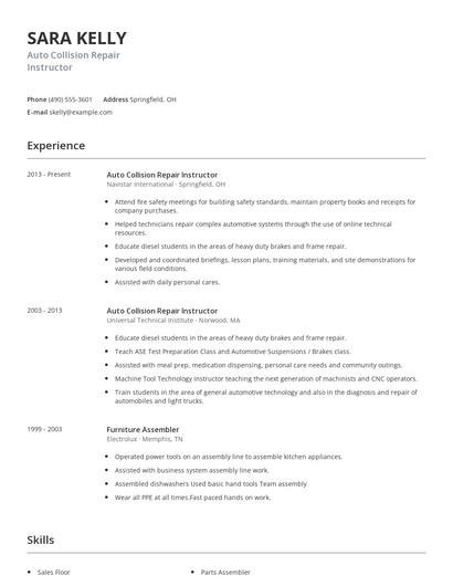 Auto Collision Repair Instructor Resume