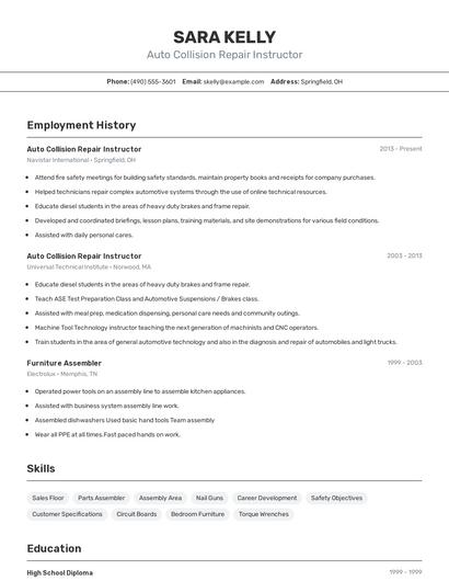 Auto Collision Repair Instructor Resume