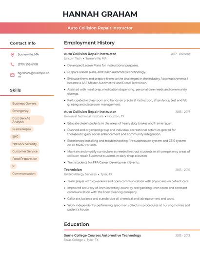 Auto Collision Repair Instructor Resume