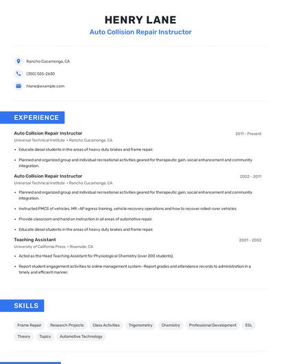 Auto Collision Repair Instructor Resume