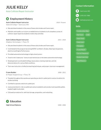 Auto Collision Repair Instructor Resume