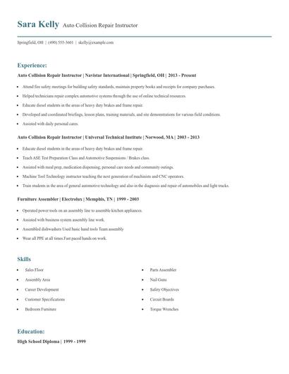 Auto Collision Repair Instructor Resume