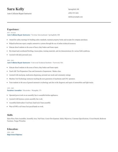 Auto Collision Repair Instructor Resume