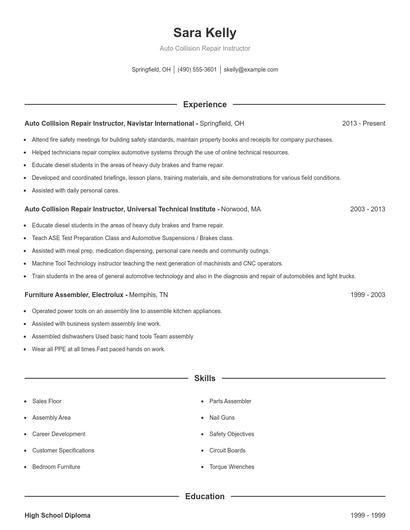 Auto Collision Repair Instructor Resume