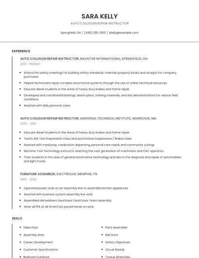 Auto Collision Repair Instructor Resume