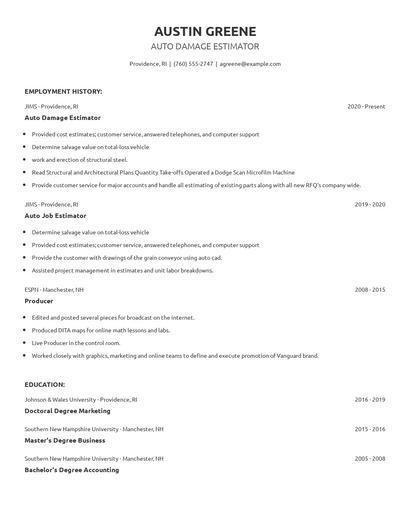 Auto Damage Estimator Resume