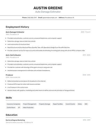 Auto Damage Estimator Resume