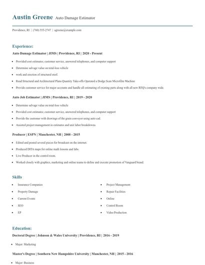 Auto Damage Estimator Resume