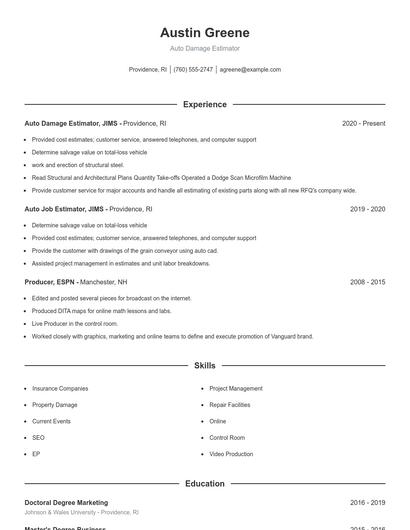 Auto Damage Estimator Resume