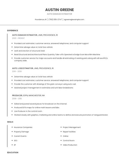 Auto Damage Estimator Resume